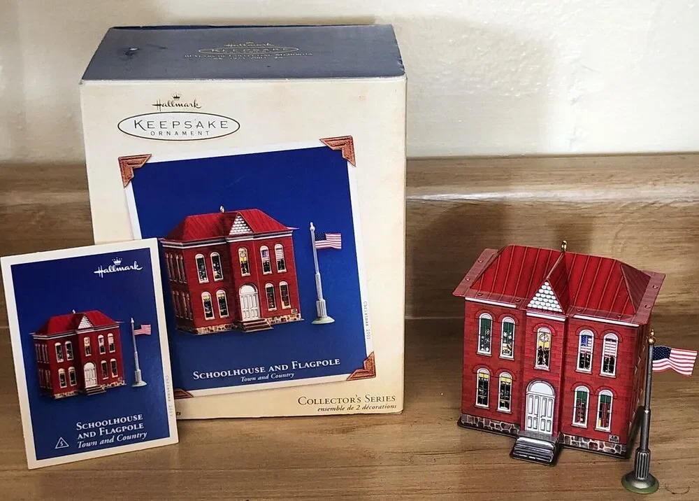 2003 Hallmark Schoolhouse and Flagpole Tin House Keepsake Ornament In Box